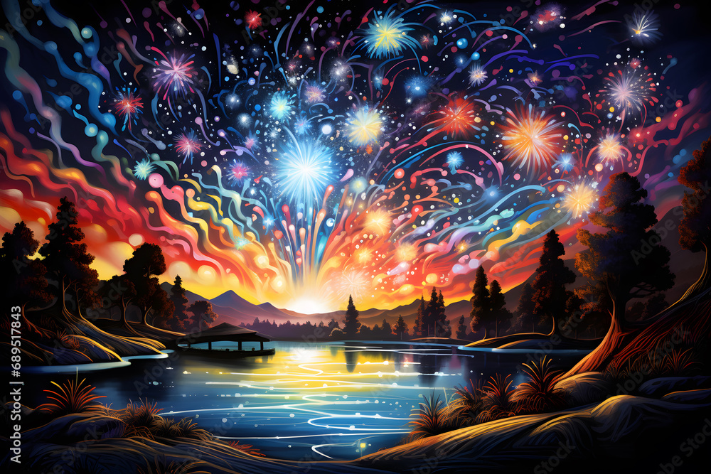 Fireworks in the night sky over the lake. Vector illustration.