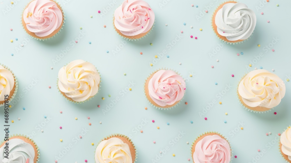 Easter-themed cupcakes with pastel cream designs background. Blue background. Flat lay. Easter-themed cupcakes with pastel cream designs background. Blue background. Flat lay.