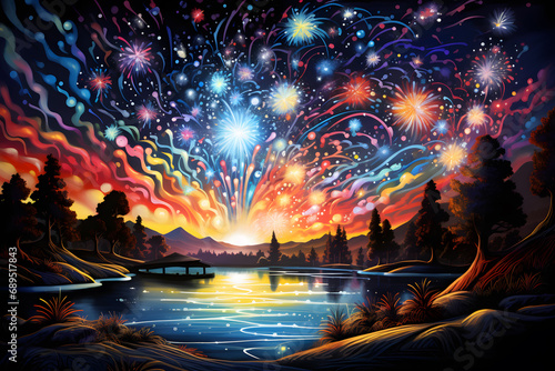 Fireworks in the night sky over the lake. Vector illustration.