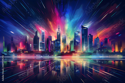 Night city with neon lights, vector illustration. Cityscape with modern skyscrapers. © robiul