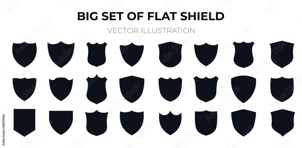 Big Set of Flat Shield. Collection of shield icons. Shields icons set. Set of shields on an isolated background. Protection. Different shields in black for your design - obrazy, fototapety, plakaty 