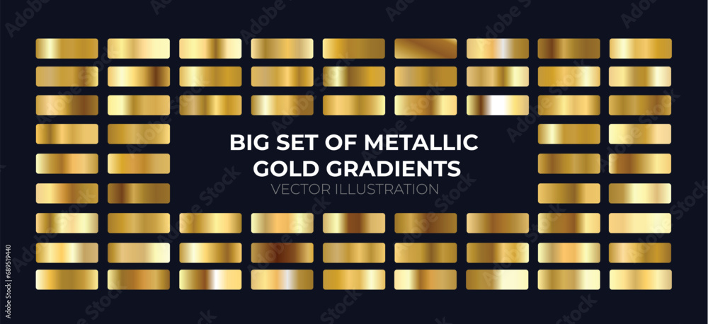 big set of metallic gold gradients. Set of gold foil texture background. Golden, copper, brass and metal gradient template. Vector illustration - obrazy, fototapety, plakaty 