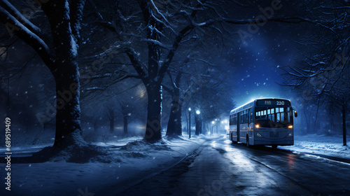 The winter night bus with copy space