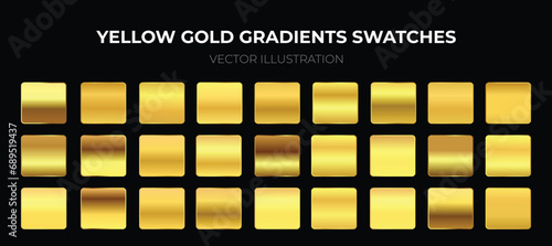 Yellow Cold Gradients Swatches. Collection of yellow golden metallic gradient. Brilliant plates with gold effect. Vector illustration.
