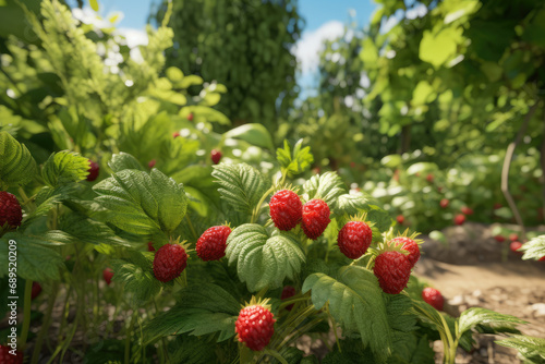 Fresh red raspberries hanging on the branch