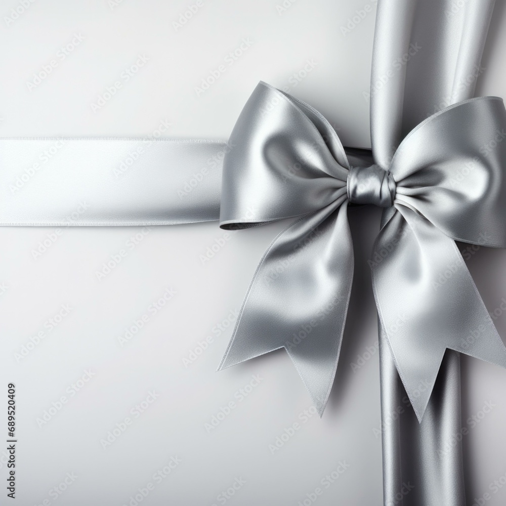 Naklejka premium Silver gift wrapped with a bow on a white background. Generative AI.