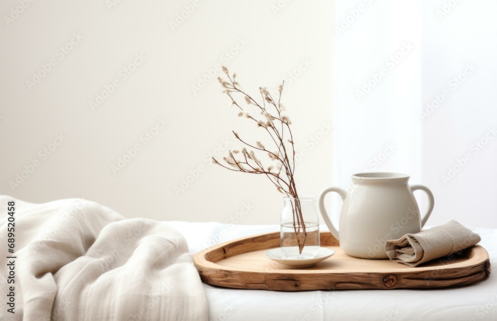 A white vase and a wooden tray on a bed. Generative AI.