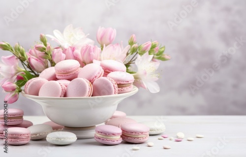 A bouquet of pink macarons and flowers on a white table. Generative AI.