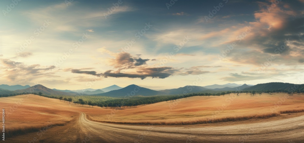 A dirt road in the middle of a field with mountains in the background. Generative AI.