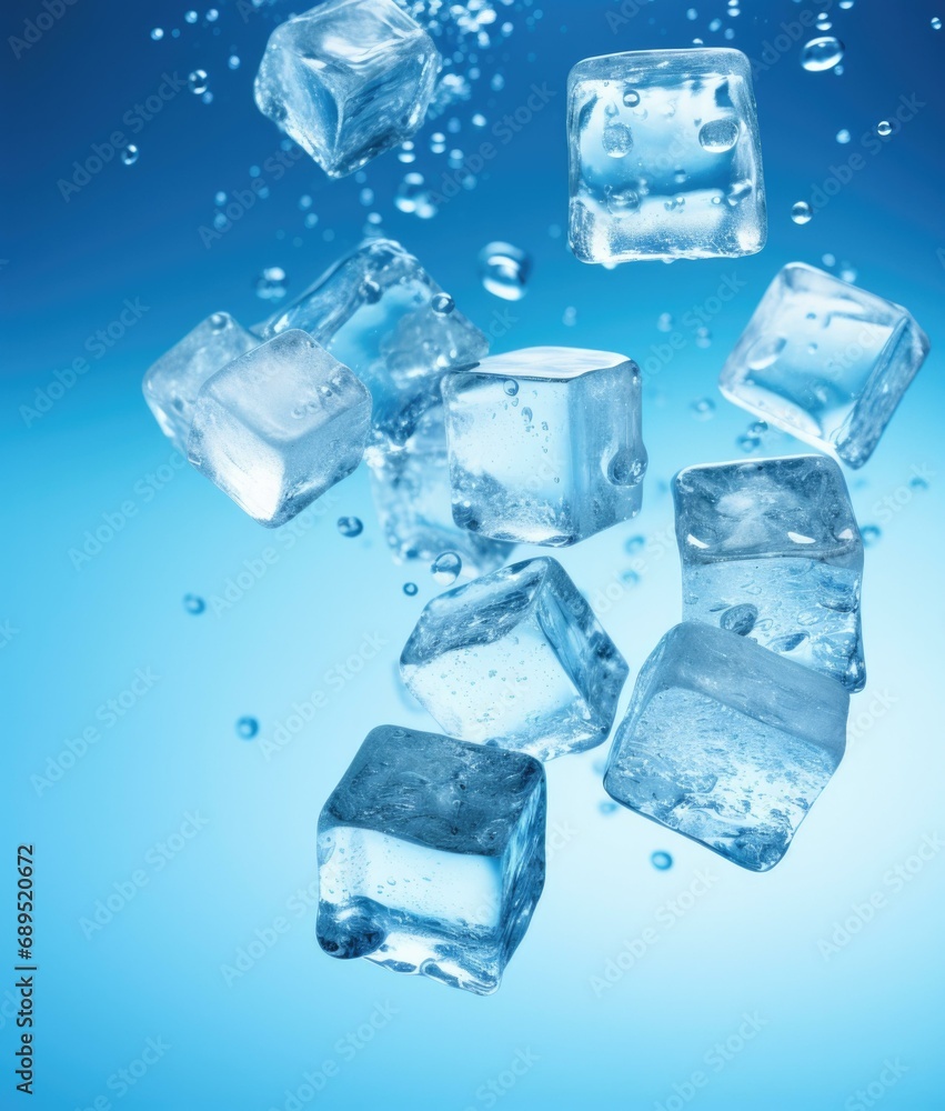 Ice cubes falling into water on a blue background. Generative AI. Ice cubes falling into water on a blue background. Generative AI.