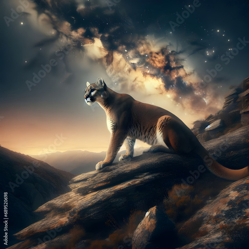 Puma, león de montaña, león americano, vía láctea, aislado fondo nocturno photo