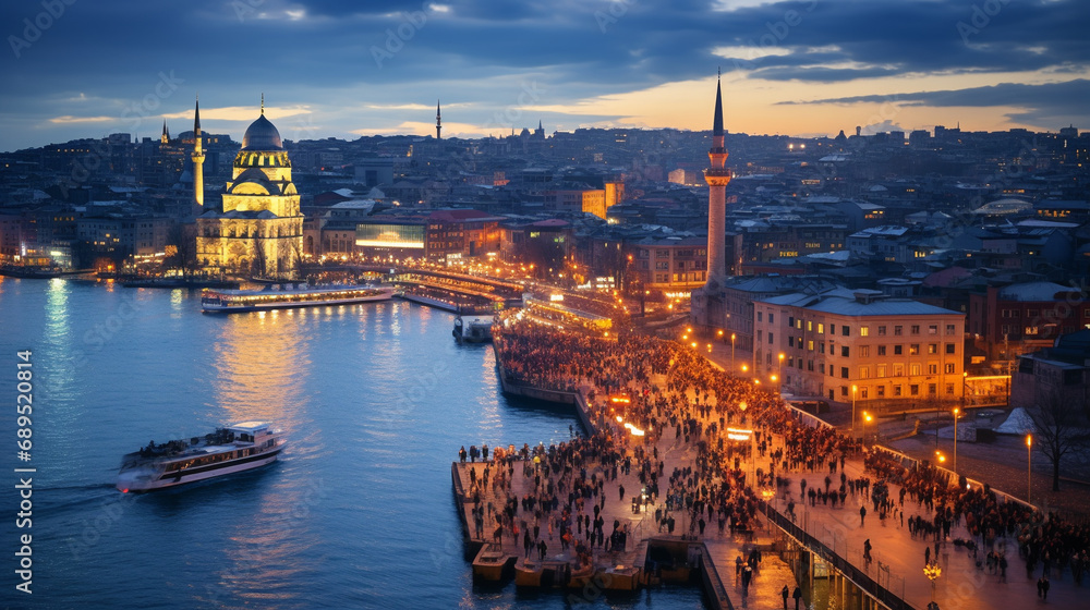 Galata Bridge on the Golden Horn in the background, as seen from the Galata Tower. At the dusk, Turkey, Istanbul.