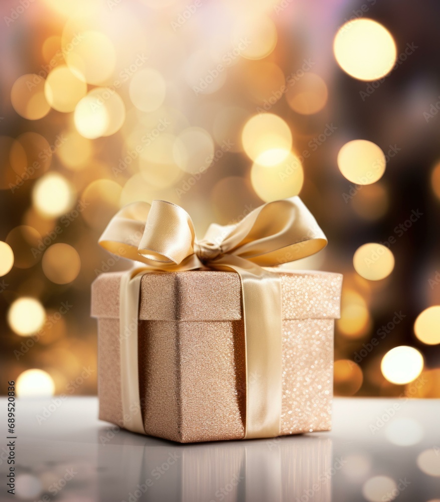 Gift box with golden ribbon and bokeh lights background stock photo. Generative AI. Gift box with golden ribbon and bokeh lights background stock photo. Generative AI.