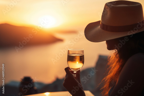 A girl with a wine glass in her hand looking at the sunset in the distance