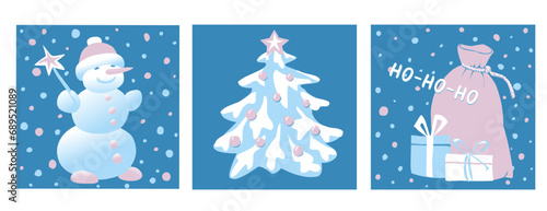 Set of holiday illustrations of snowman, decorated fir tree and Christmas gifts on dark blue background.