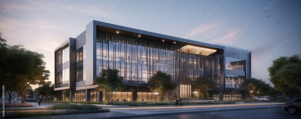 Obraz premium Modern Office Marvel: 3D Visualization of Glass Curtain Wall Building
