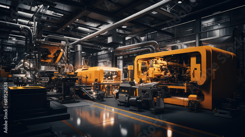 A modern factory with yellow and black machines and some workers