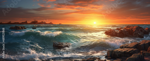 Wide view of waves and rocks at sunset