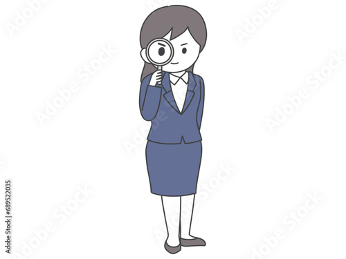 虫眼鏡でこちらを覗くスーツの女性の全身イラスト