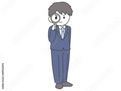 虫眼鏡でこちらを覗くスーツの男性の全身イラスト