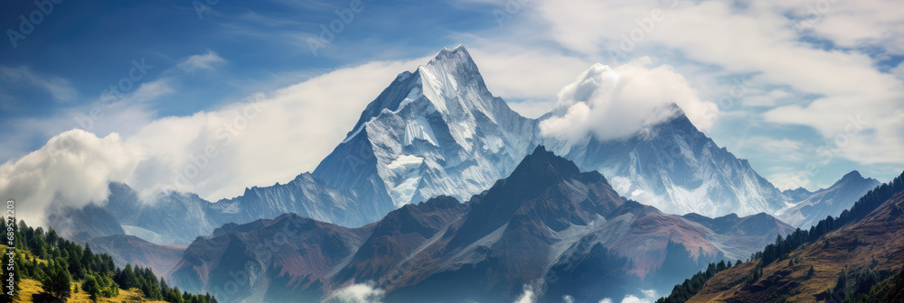 wide panorama beautiful snow mountain scenery - obrazy, fototapety, plakaty 