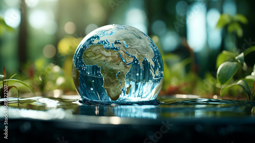 Planet, water and globe in forest for Earth day, environment protection and save environment water. Nature, support and world habitat for climate change awareness, green energy or sustainability help
