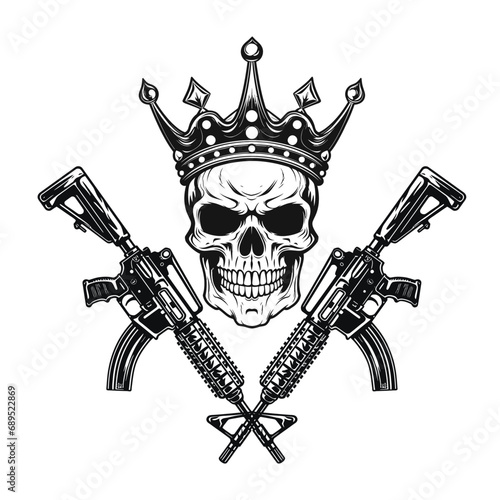 Illustration of the skull with crossed assault rifles. Design element for logo, label, sign, emblem. Vector illustration with skull tshirt design