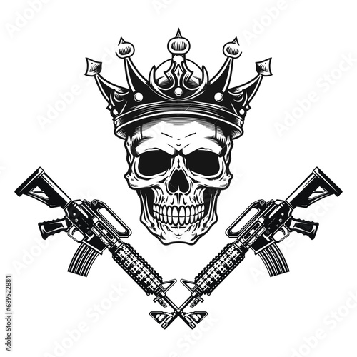 Illustration of the skull with crossed assault rifles. Design element for logo, label, sign, emblem. Vector illustration with skull tshirt design