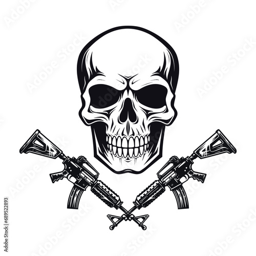 Illustration of the skull with crossed assault rifles. Design element for logo, label, sign, emblem. Vector illustration with skull tshirt design