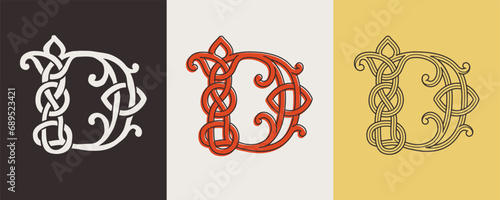 Celtic D monograms set. Insular style initial with authentic knots and interwoven cords. British, Irish, or Saxons overlapping monogram. photo