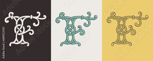 Celtic F monograms set. Insular style initial with authentic knots and interwoven cords. British, Irish, or Saxons overlapping monogram.