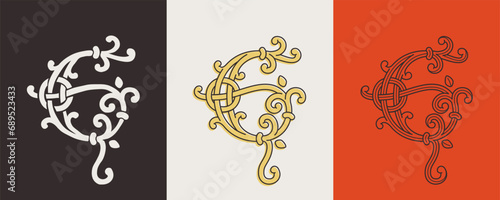 Celtic G monograms set. Insular style initial with authentic knots and interwoven cords. British, Irish, or Saxons overlapping monogram.