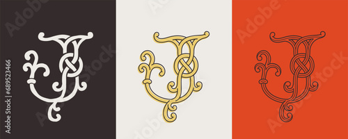 Celtic J monograms set. Insular style initial with authentic knots and interwoven cords. British, Irish, or Saxons overlapping monogram.