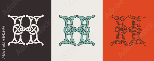 Celtic H monograms set. Insular style initial with authentic knots and interwoven cords. British, Irish, or Saxons overlapping monogram.
