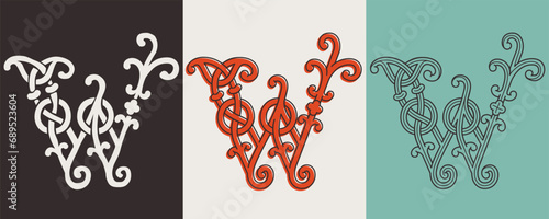 Celtic W monograms set. Insular style initial with authentic knots and interwoven cords. British, Irish, or Saxons overlapping monogram.