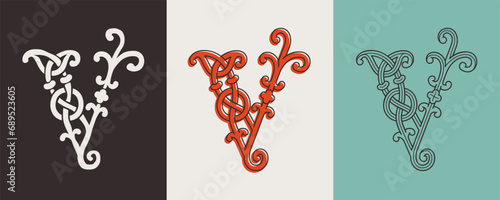 Celtic V monograms set. Insular style initial with authentic knots and interwoven cords. British, Irish, or Saxons overlapping monogram.
