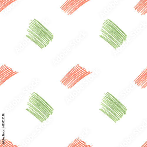 Seamless pattern of orange and green spots. Colored pencil shading. Imitation of children s handwriting. Colored chalk texture. For the design of notepads  notebooks  backgrounds  textiles  cards