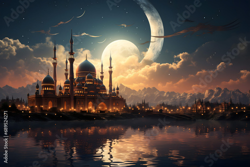 ramadan Kareem, Ramadan crescent moon, Eid Mubarak Islamic festival social media banner and Eid Mubarak Post Template, isolated background © fadi