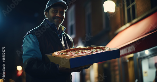 Scene with pizza delivery man at night, pizza box, soft light, blurred background, seamless bokeh photo