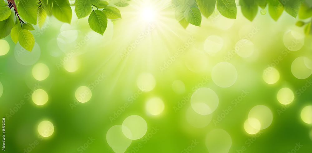 Naklejka premium Spring background - abstract banner - green blurred bokeh lights -