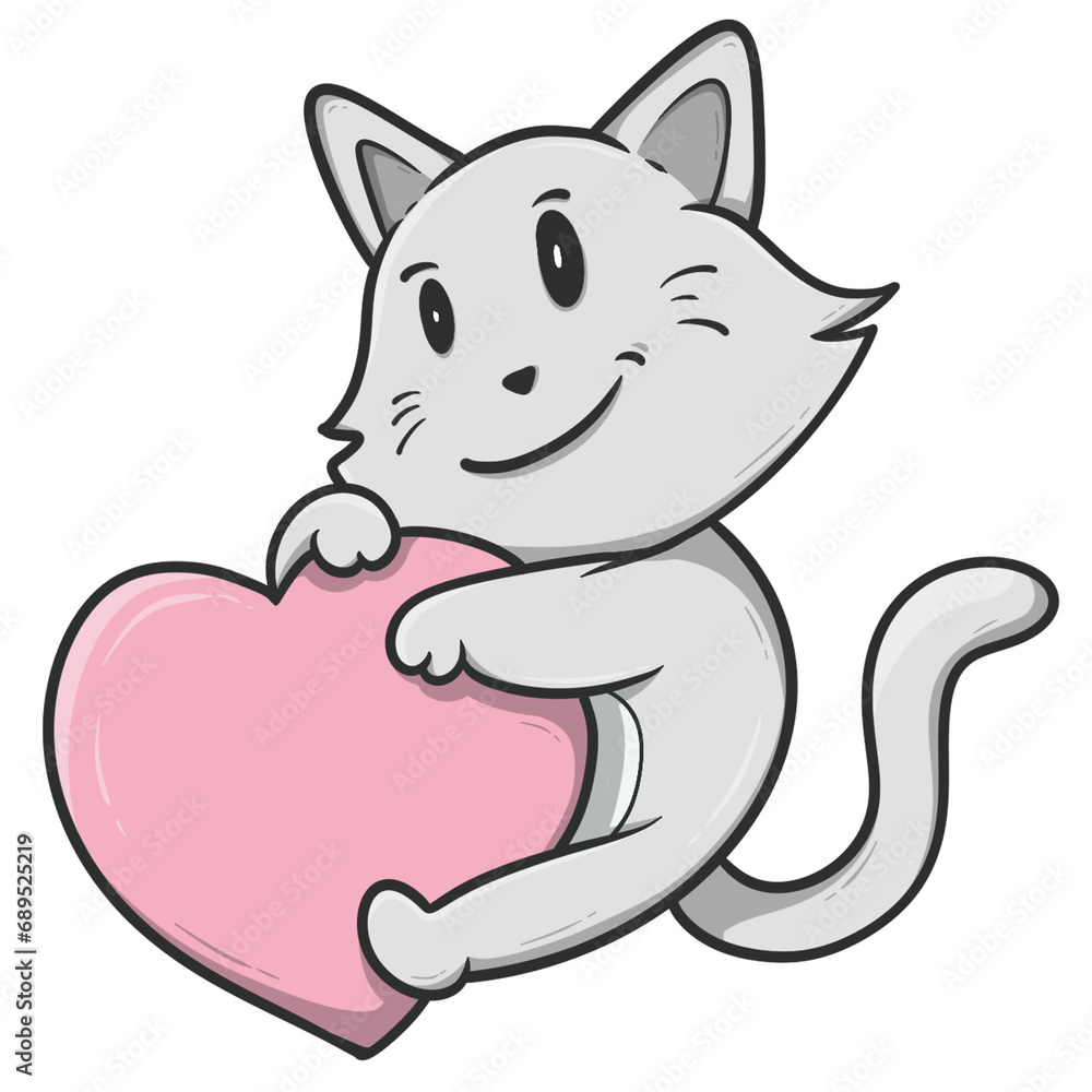 Naklejka premium Illustration of a cute cartoon cat holding a pink heart