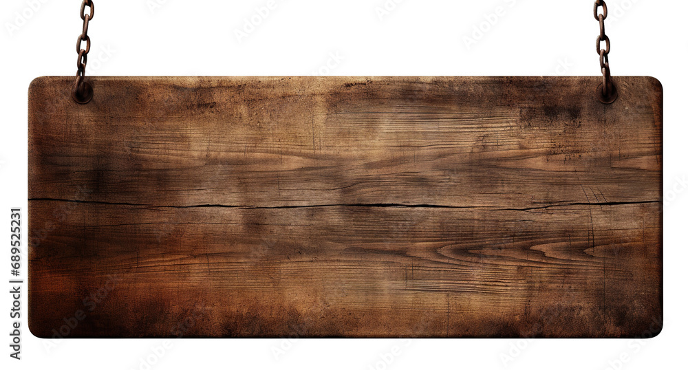 Weathered wooden sign hanging on a chain, cut out Weathered wooden sign hanging on a chain, cut out