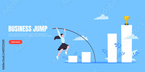 Businesswoman jumps pole vault over graph bars flat style design vector illustration