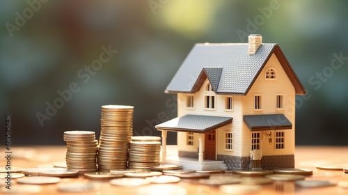Coin Stacks and House Miniature. Saving, Investment, Tax, Passive Income Concept 