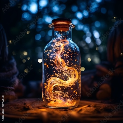 Candle light inside a glass jar with tree inside in the forest. Magic bottle with magic fire flame inside. Christmas background.