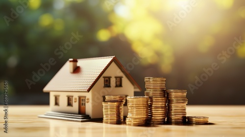 Coin Stacks and House Miniature. Saving, Investment, Tax, Passive Income Concept
 photo