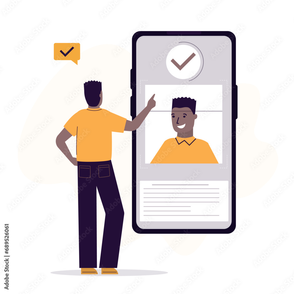 User man standing in front of smartphone and trying to log in. Face ID technology, facial recognition system, biometric authentication, digital information protection concept