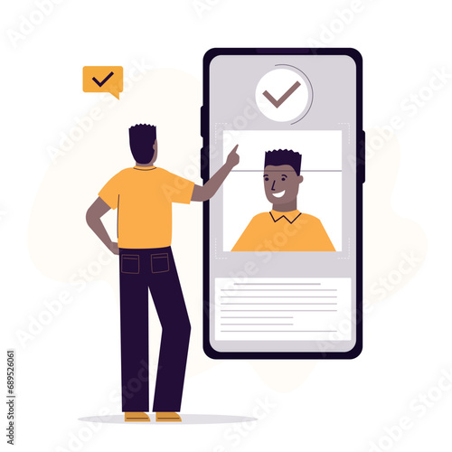 User man standing in front of smartphone and trying to log in. Face ID technology, facial recognition system, biometric authentication, digital information protection concept
