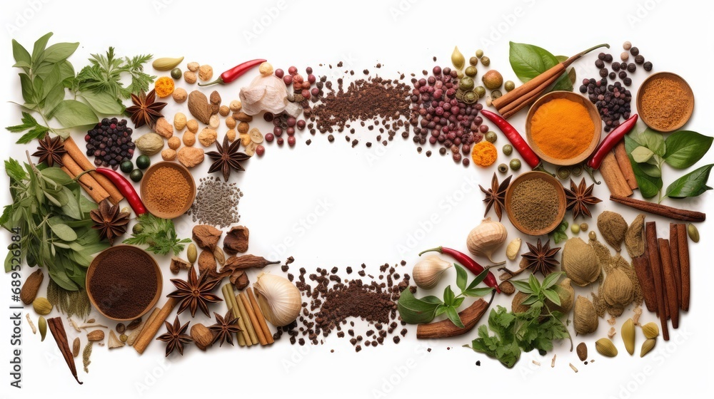 Naklejka premium Spices and herbs frame. Generative AI