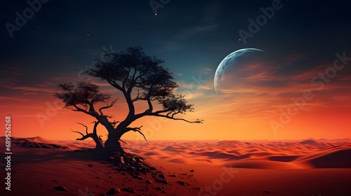 Fantasy landscape with lonely tree in the desert.